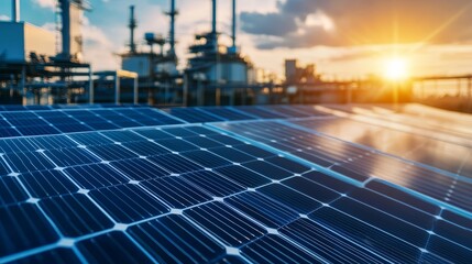 A close-up of solar panels capturing sunlight, set against an industrial backdrop, showcasing renewable energy technology at sunset.