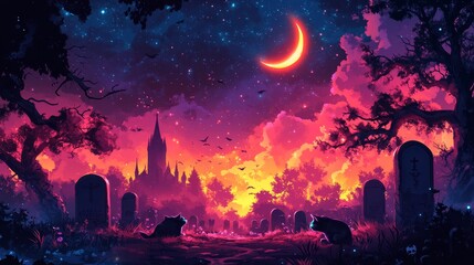 Fototapeta premium Mysterious cemetery under a starry sky with a glowing crescent moon, surrounded by tombstones and dark trees, creating an eerie and magical night atmosphere
