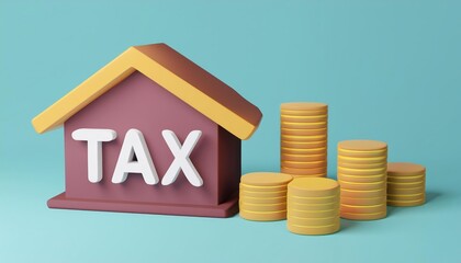 A colorful model of a house labeled "TAX" with stacks of coins, representing taxation and financial planning concepts.
