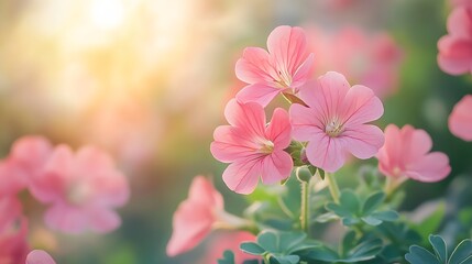 Obraz premium Bright pink geranium flowers nestled among lush green foliage, bathed in soft sunlight, captured in macro photography to highlight their vivid colors and delicate beauty.