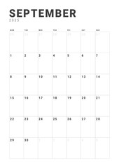 Page Calendar Template Grid simple monochromeTemplate design of Monthly Calendar on September 2025. Vector layout grid of calendar with week start Monday. Page for size A4 -21x29.7 cm.