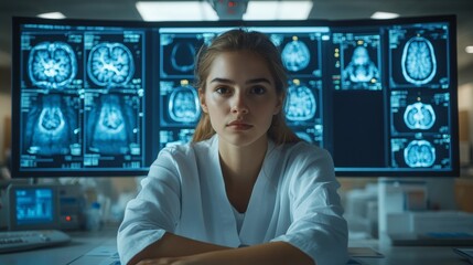 Medical diagnostic analysis: A female doctor works with high-tech imaging and body scanning technologies displayed on numerous monitors in a futuristic clinical setting