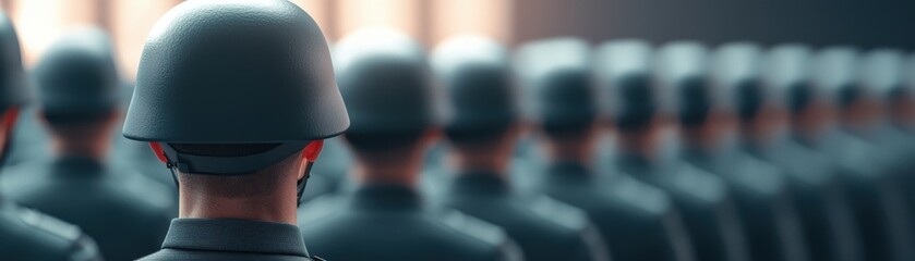 Military personnel lined up, showcasing discipline and teamwork, standing in formation with helmets.