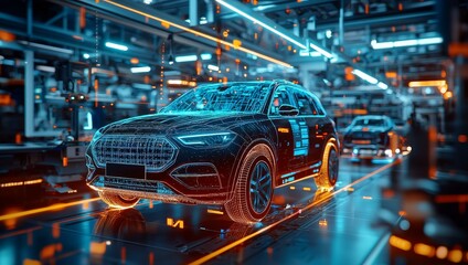 A futuristic car in a digital factory scene, illuminated by vibrant blue and orange lights, showcasing advanced automotive technology and production.