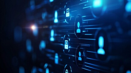 A futuristic digital network depicting interconnected users with lock icons, symbolizing cybersecurity and online privacy.