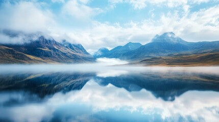 Fototapeta premium Low lying fog is partially covering a lake creating a perfect reflection of the mountains in the scottish highlands on a clear autumn day