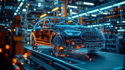A futuristic, digital depiction of a car inside a high-tech manufacturing facility surrounded by glowing elements and machinery.