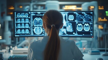 Medical diagnostic analysis: A female doctor operates sophisticated imaging and body scanning devices on multiple screens in a modern medical setup