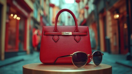 A red leather handbag and sunglasses on a gold table in a street with red lanterns.