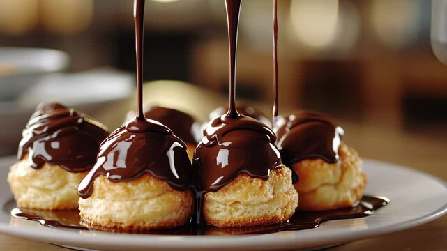 Medium shot of profiteroles with chocolate sauce drizzle