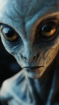Hyperrealistic depiction of an extraterrestrial being with gray skin and large, dark eyes, conveying a sense of intelligence and otherworldliness