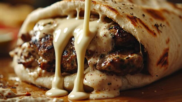 Wide-angle of garlic sauce dripping from a gyro