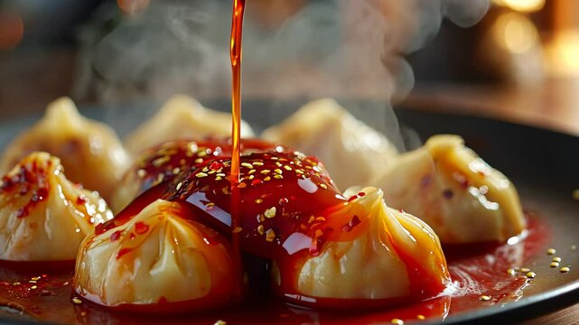 Close-up of dumplings with spicy chili oil drizzle