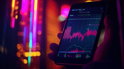 Phone Screen with Stock Market Data and Neon Lights