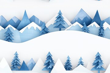 Fototapeta premium A serene landscape featuring layered blue mountains, snowy peaks, and evergreen trees, created in a paper cut-out style., Seamless pattern background