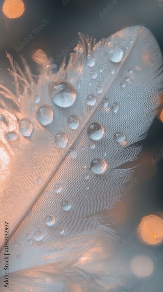 Poster Macro image of a white feather showing tiny water droplets reflecting golden light. The delicate texture of the feather creates a beautiful background