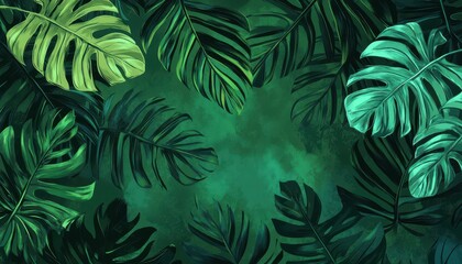 Tropical foliage with hand-drawn monstera and palm leaves in a lush green background