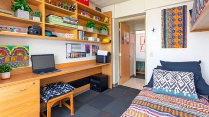 A Student's Room with a Desk, Bed, and Bookshelf