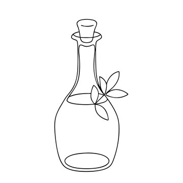 recommend clip art: Oil bottle outline design, minimalist style, with cork stopper and leaves
                    