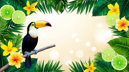 Naklejka premium A colorful summer background showcasing a beach sunset with a toucan, tropical leaves, and vibrant flowers in the foreground, set against a tranquil ocean and distant mountains.