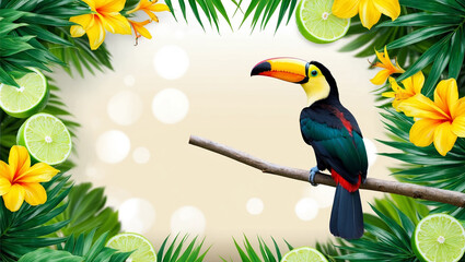 Naklejka premium A colorful summer background showcasing a beach sunset with a toucan, tropical leaves, and vibrant flowers in the foreground, set against a tranquil ocean and distant mountains.