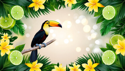 Naklejka premium A colorful summer background showcasing a beach sunset with a toucan, tropical leaves, and vibrant flowers in the foreground, set against a tranquil ocean and distant mountains.