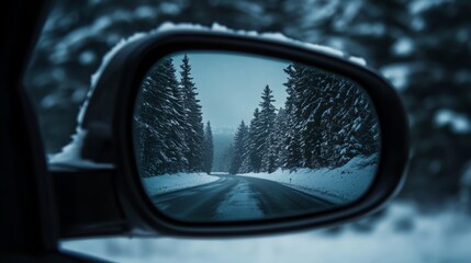 The tranquil winter landscape features a snow-covered road framed by tall pine trees. The reflection in the side mirror captures the peaceful scenery, enhancing the drive's serenity and beauty.