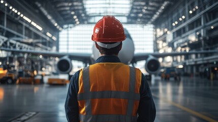 Male Worker in Safety Helmet and Vest in Hangar