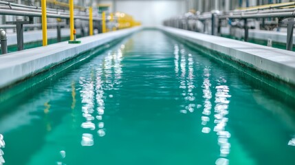 Obraz premium A tranquil indoor water channel with clear, turquoise water and reflective surfaces, set in an industrial facility.