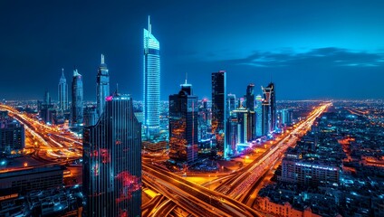 Naklejka premium A vibrant city skyline at night, showcasing illuminated skyscrapers and bustling traffic against a deep blue sky.