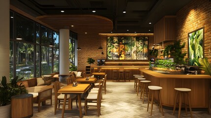 Fototapeta premium Modern coffee shop interior featuring wooden furnishings and vibrant green plants.