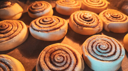 Delicious cinnamon rolls in the oven on baking paper, side view. Background of freshly baked cinnamon rolls. Close-up of homemade sweet pastry made from yeast dough