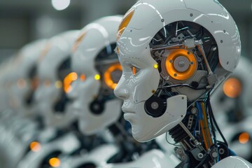 Fototapeta premium Close-up view of a robot's head with glowing eyes, suitable for sci-fi or futuristic concept images