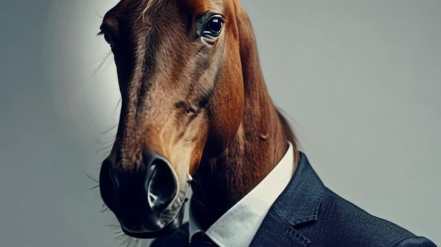Horse head on human body wearing a suit, surreal portrait.