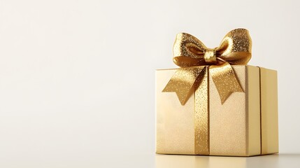 A luxurious gold gift box adorned with a shiny golden ribbon and bow, featuring a minimalist design against a white background, perfect for elegant gifting.