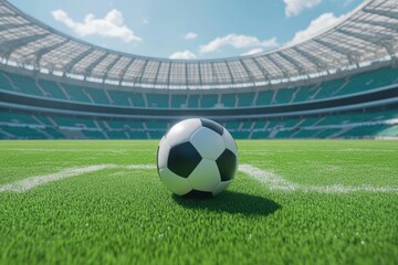 A vibrant soccer ball rests on the green field, set against a backdrop of a spacious stadium under a bright blue sky, capturing the essence of outdoor sports.