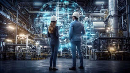 A woman and man in hard hats observe advanced technology within an industrial setting, showcasing innovation and teamwork in engineering.