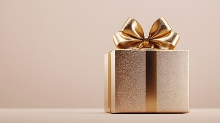 A luxurious gold gift box adorned with a shiny golden ribbon and bow, featuring a minimalist design against a white background, perfect for elegant gifting.