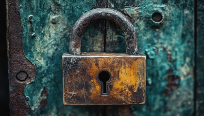 A close-up view of an old padlock against a weathered metal door surface