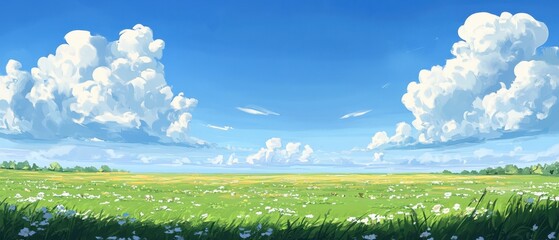 Fototapeta premium Expansive Grasslands Under Bright Blue Sky