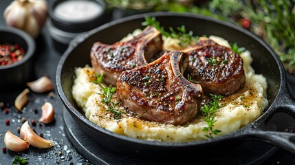 Juicy lamb chops in a cast iron skillet, accompanied by mashed potatoes, roasted garlic, and fresh herbs, all against a black marble background, highlighting gourmet elegance.