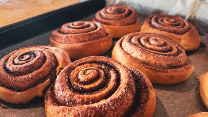 Delicious cinnamon rolls on baking paper, side view. Background of freshly baked cinnamon rolls. Close-up of homemade sweet pastries made from yeast dough