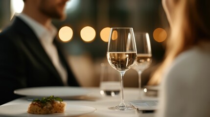 Couple savoring a delectable gourmet meal at a fine dining restaurant surrounded by a romantic intimate atmosphere with dim lighting and a luxurious ambiance creating a special evening