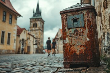 A Rusty Metal Bin in a European Cobblestone Street
