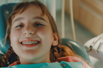 Girl with braces at orthodontist, receiving dental checkup, showing concept of dental care