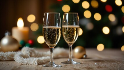two glasses of champagne and christmas tree