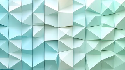Obraz premium A light blue-green geometric pattern featuring 3D triangular shapes in an abstract mosaic design, showcasing soft pastel hues and a modern minimalist art aesthetic.
