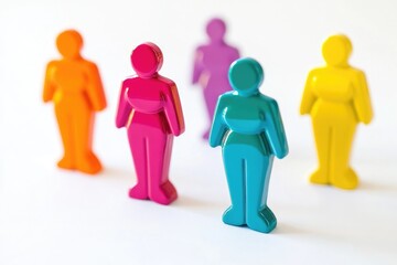 A collection of colorful plastic figures aligned along a surface, possibly used for display or decoration