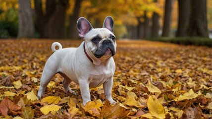 Naklejka premium French bulldog among scattered autumn leaves. view. Artificial intelligence generation