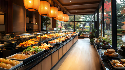 Buffet line of luxury resort in the morning with Japanese foods